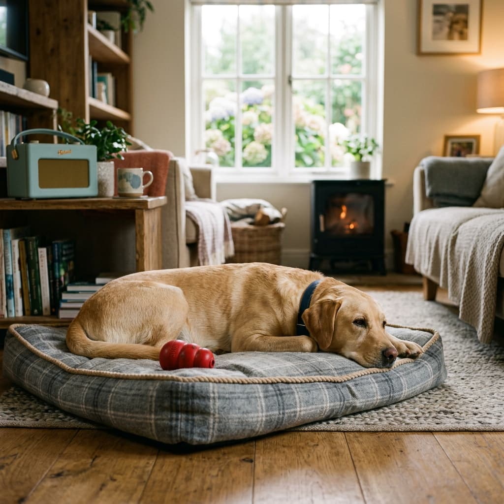A golden Labrador lying contentedly on a tartan dog bed with a Kong toy in a cosy British living room