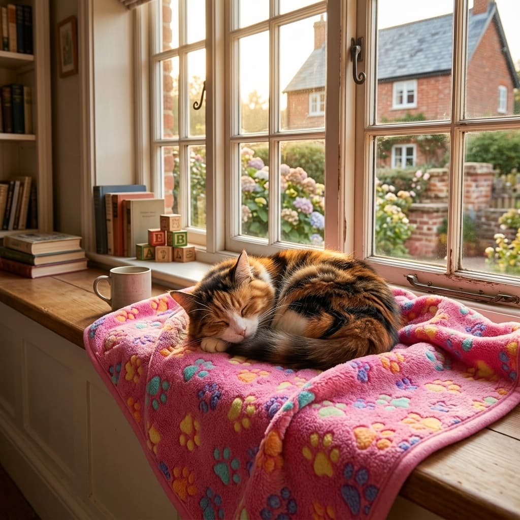 A tortoiseshell cat sleeping peacefully on a pink paw print fleece blanket on a British cottage window seat, golden afternoon light