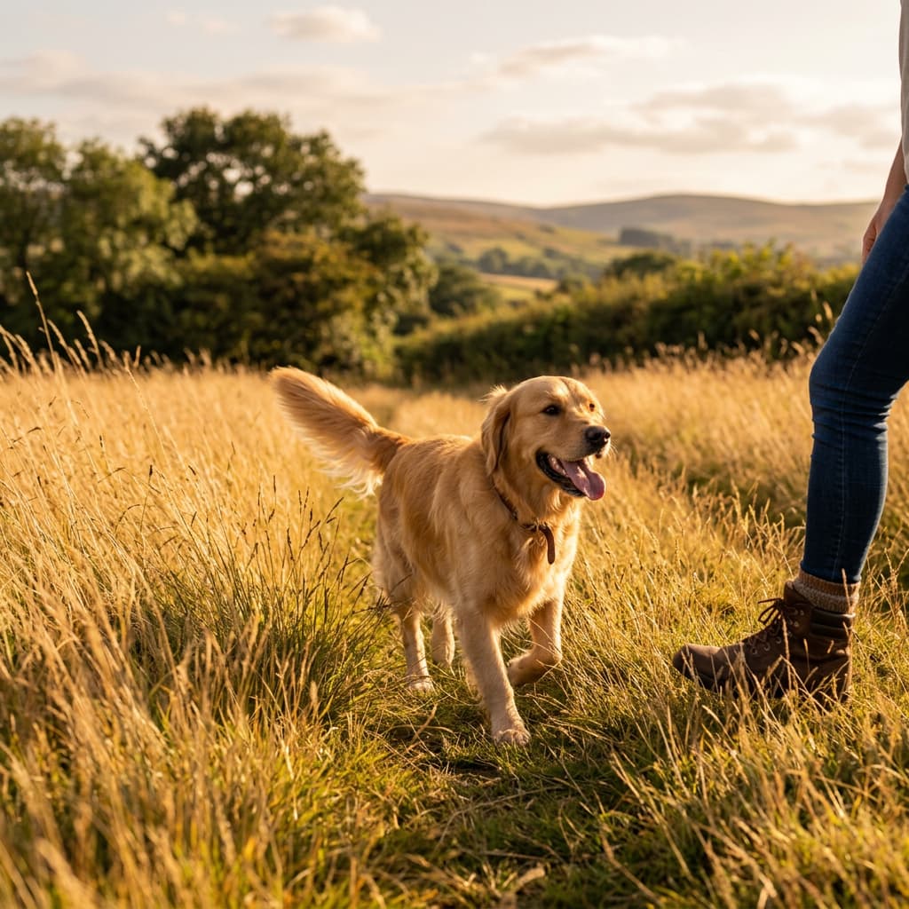 A golden retriever lying in long grass in a British field on a sunny late summer afternoon