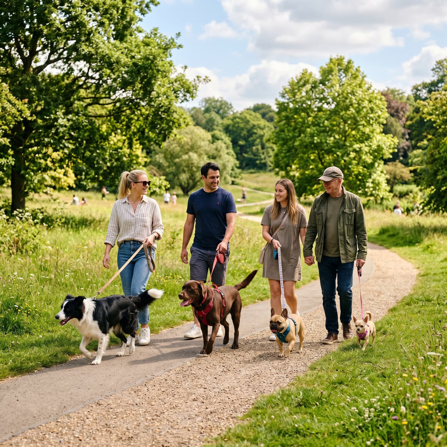 Four people walking different dog breeds including a Border Collie, Labrador, French Bulldog and Chihuahua on leads through a sunny UK park.