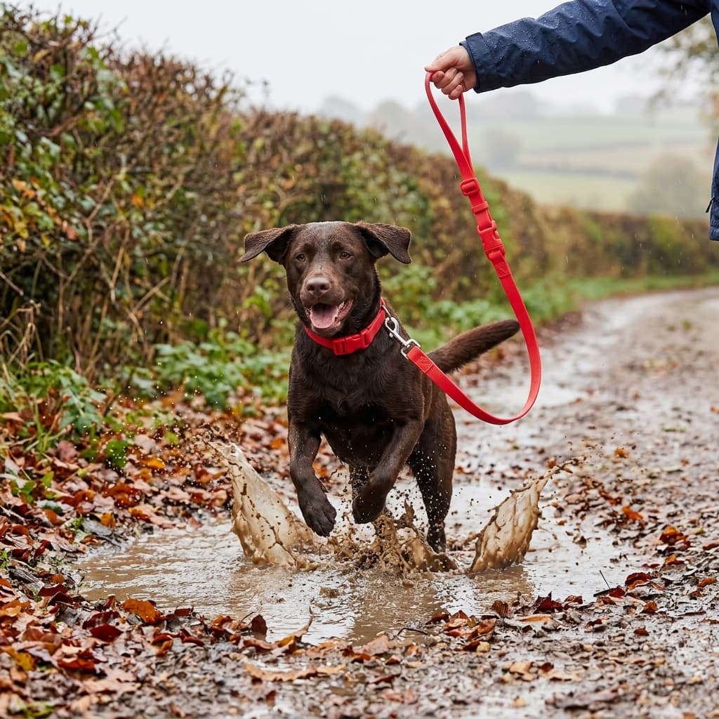 A happy dog with waterproof odour free dog collar on a waterproof dog lead walking through a muddy puddle on a rainy British autumn day
