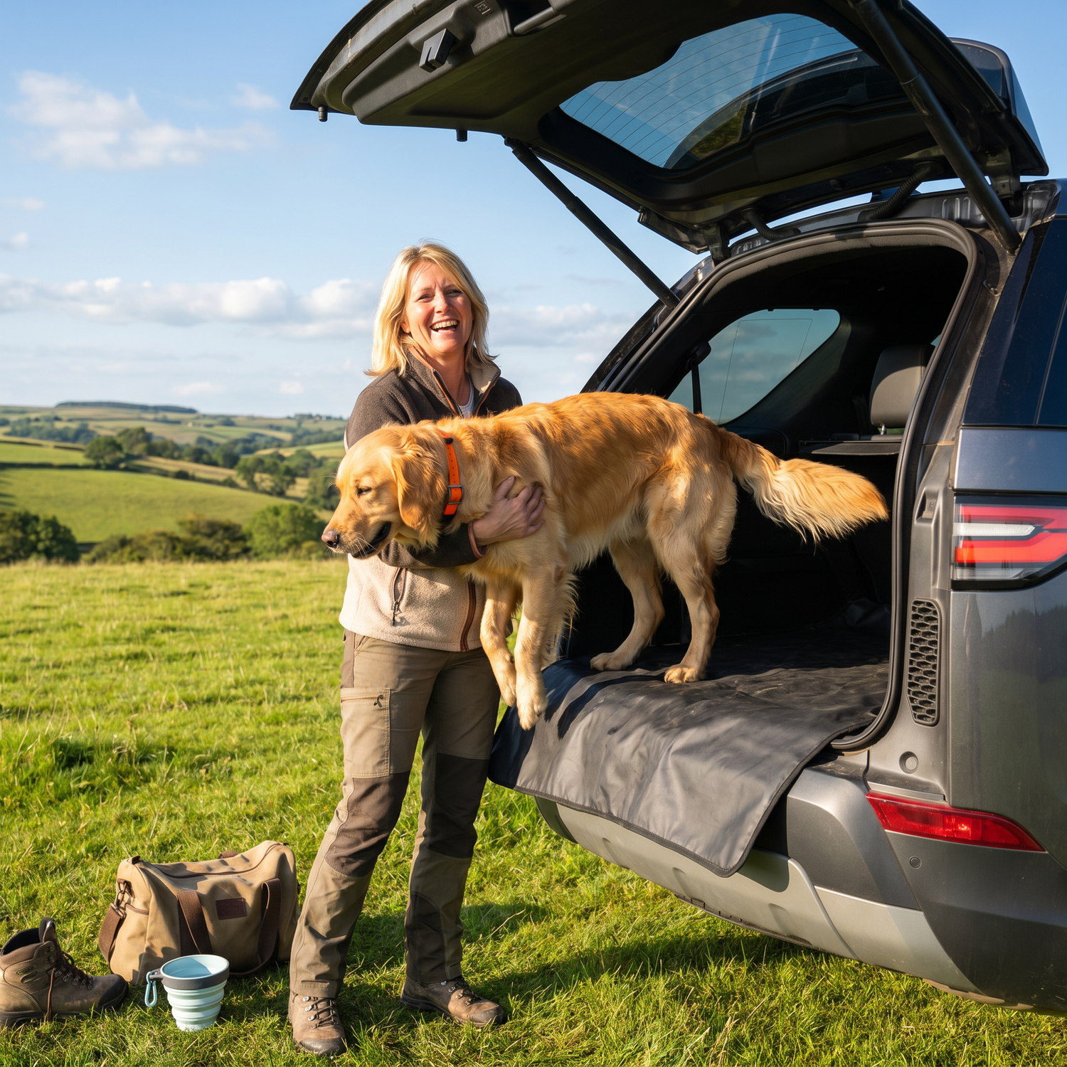 Woman loading golden retriever into SUV boot with waterproof liner on UK countryside hillside.