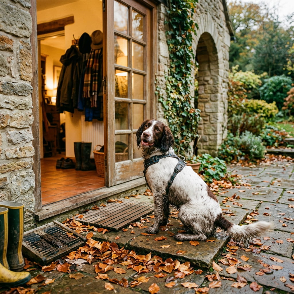 A wet springer spaniel sitting at the back door of a British stone cottage after an autumn walk, fallen leaves on the ground, warm light glowing from inside