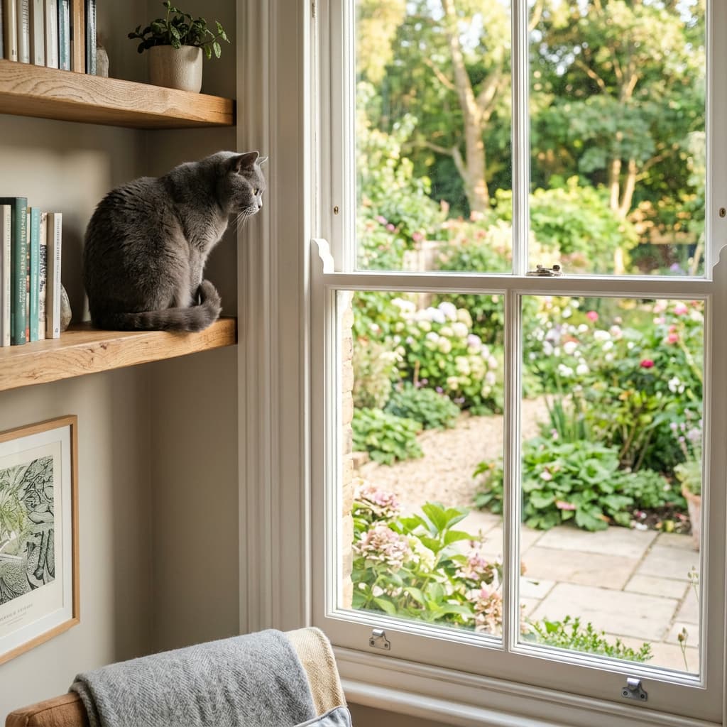 A fluffy tabby cat looking sadly outside a window in a British home