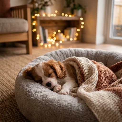 King Charles Spaniel puppy sleeping peacefully in a cosy dog bed wrapped in a warm blanket in a softly lit living room.