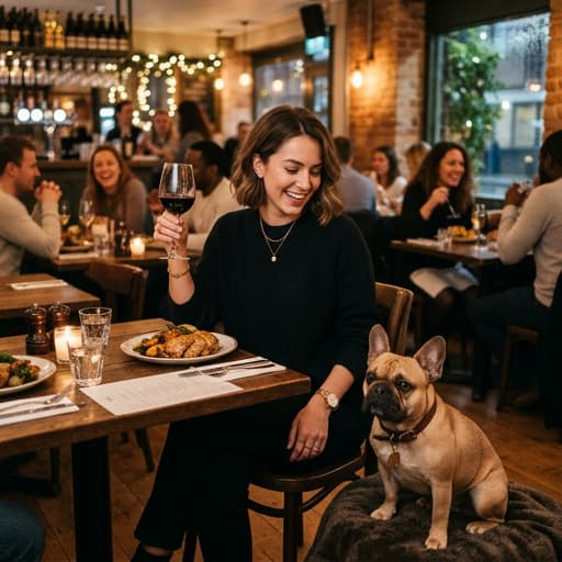 Woman dining with her French Bulldog at a dog friendly restaurant in London, enjoying a glass of wine in a warm cosy atmosphere.
