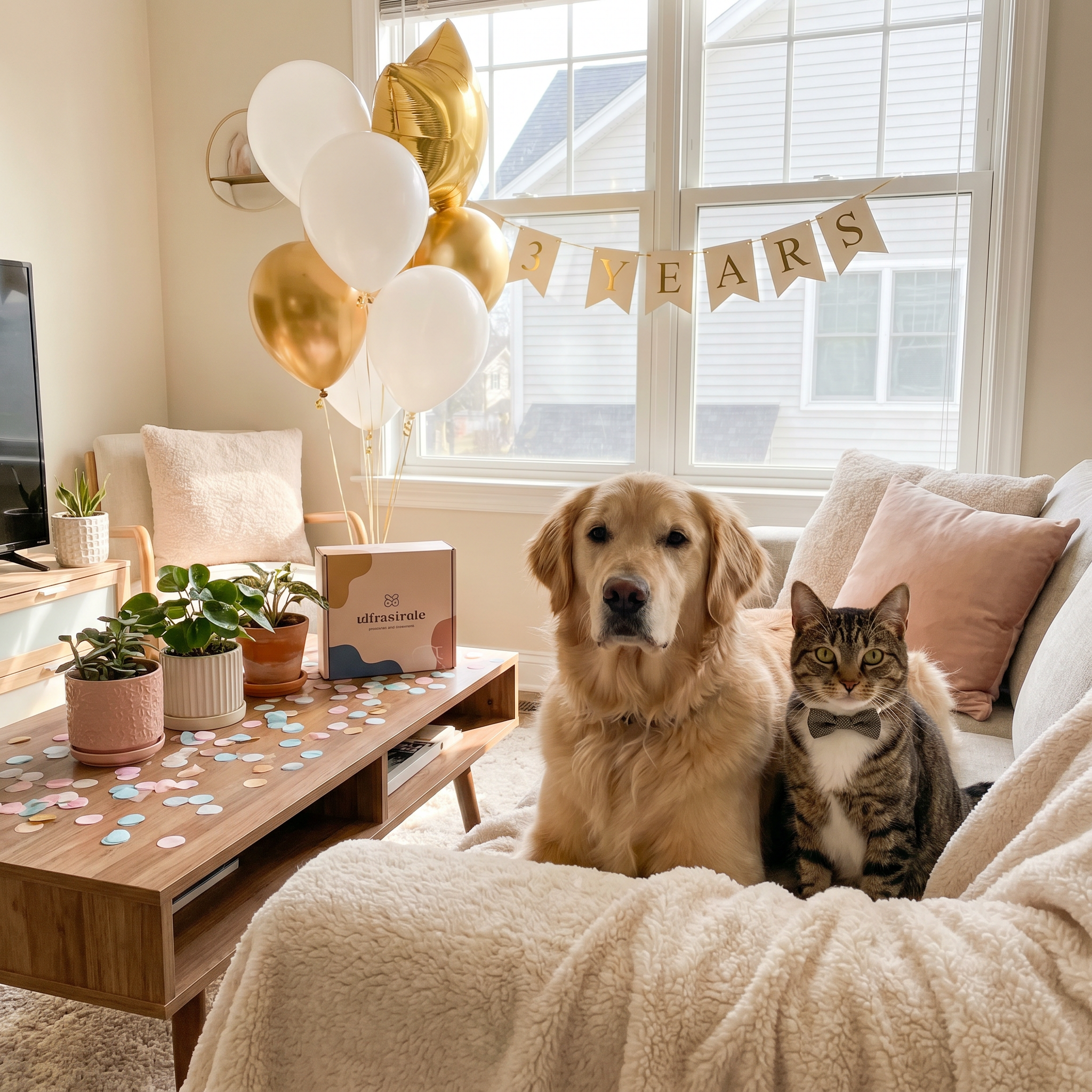 A cat and dog sitting on a sofa in a bright living room that is decorated with balloons and banners for Urban Pet Shops 3 year anniversary 