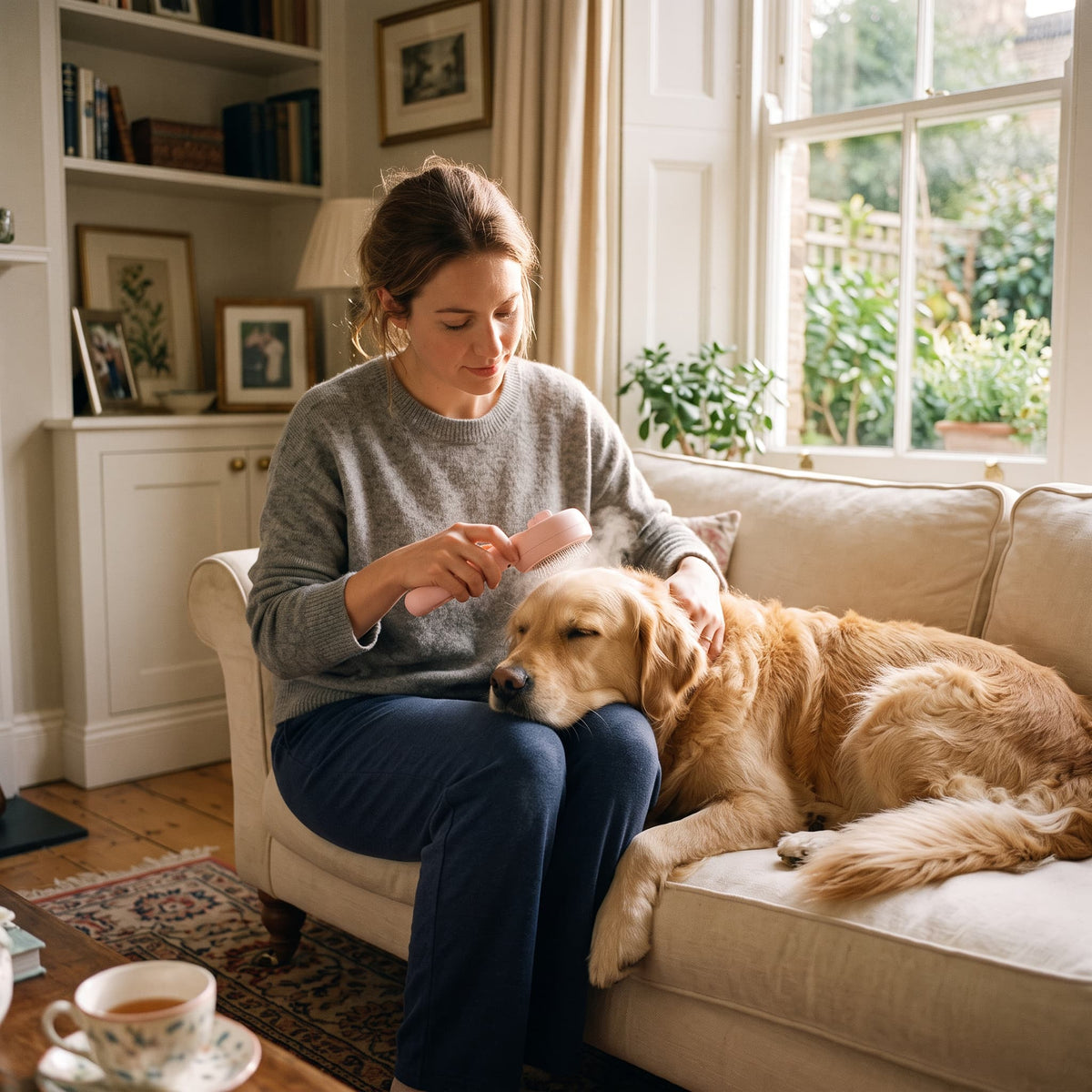 A woman in her early 30s grooming her golden retriever with a pet brush in a bright British living room, warm natural light, calm and relaxed atmosphere