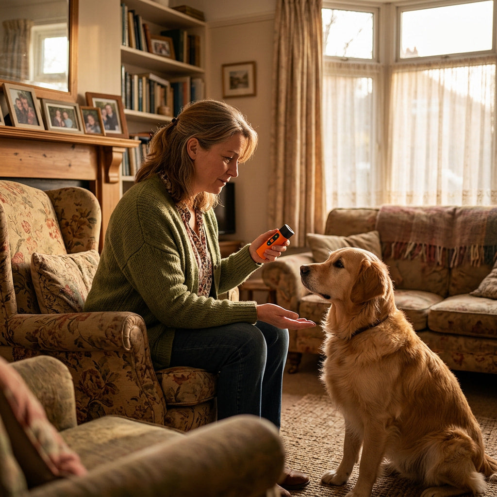 Woman sitting in a cosy British living room calmly training her dog with a bark stopper device