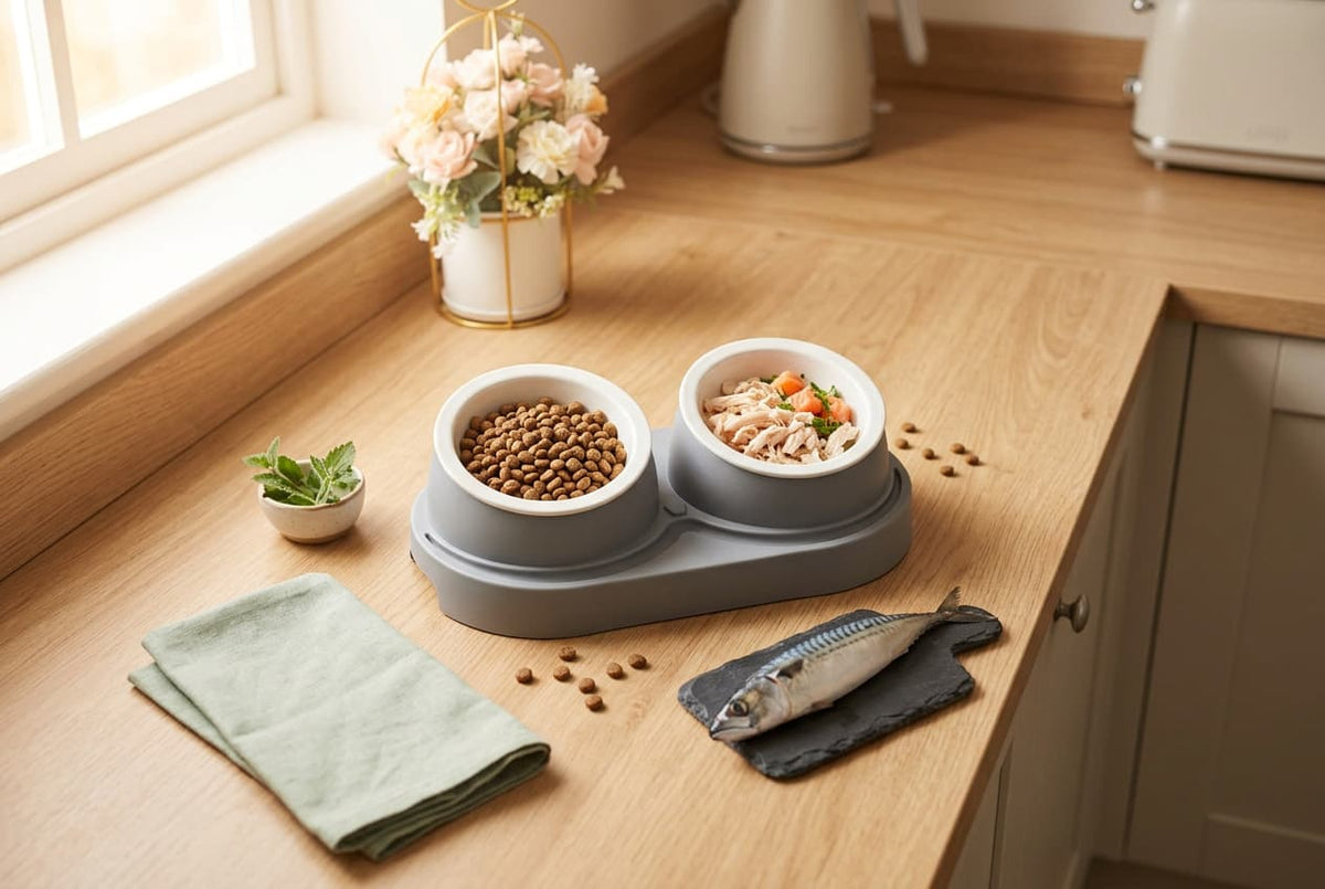 Healthy cat food spread with fresh fish, cooked chicken and dry kibble in a ceramic bowl, cat nutrition guide by Urban Pet Shop