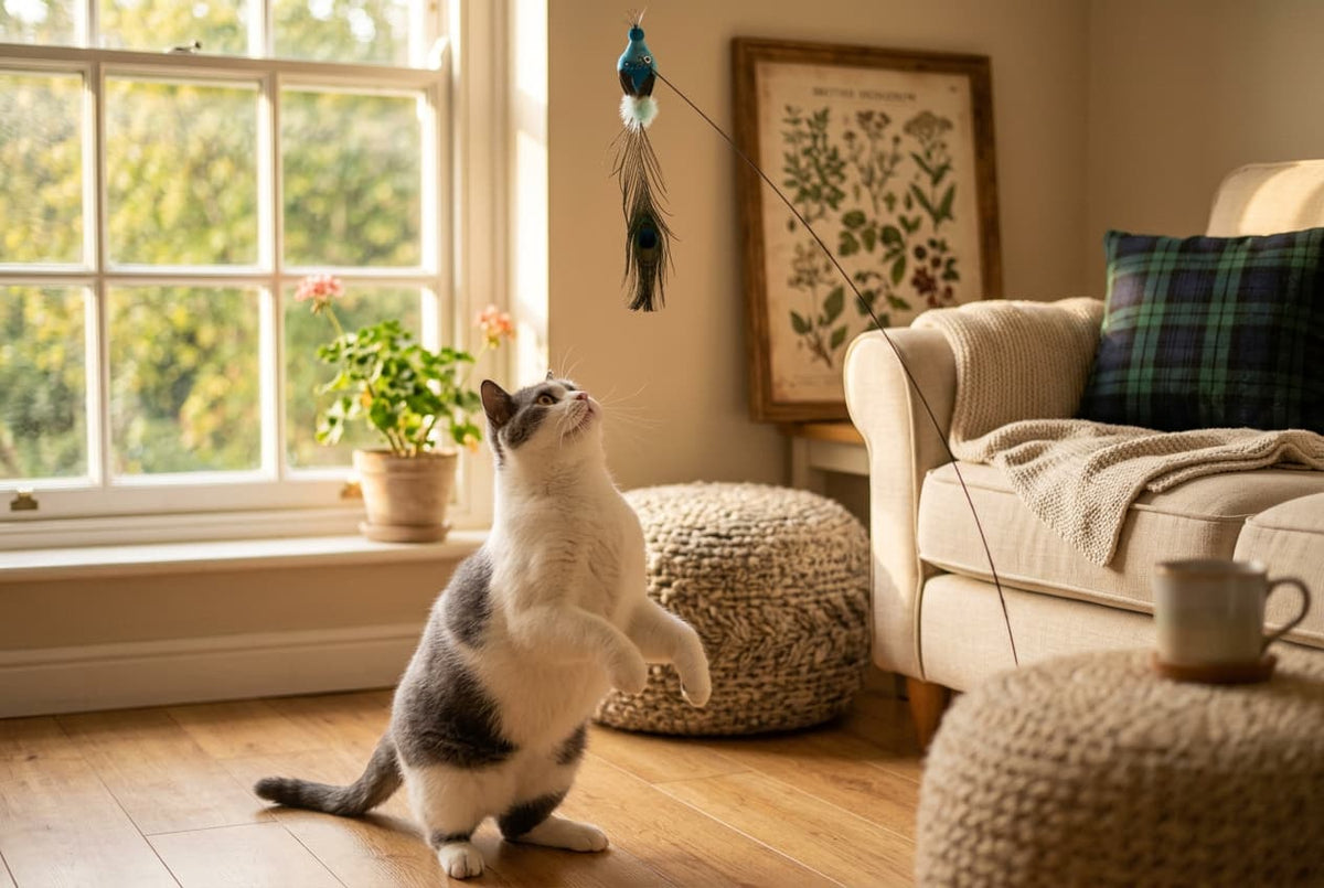 Tabby cat playing with a feathered toy in a cosy British living room, best cat toys 2026 by Urban Pet Shop