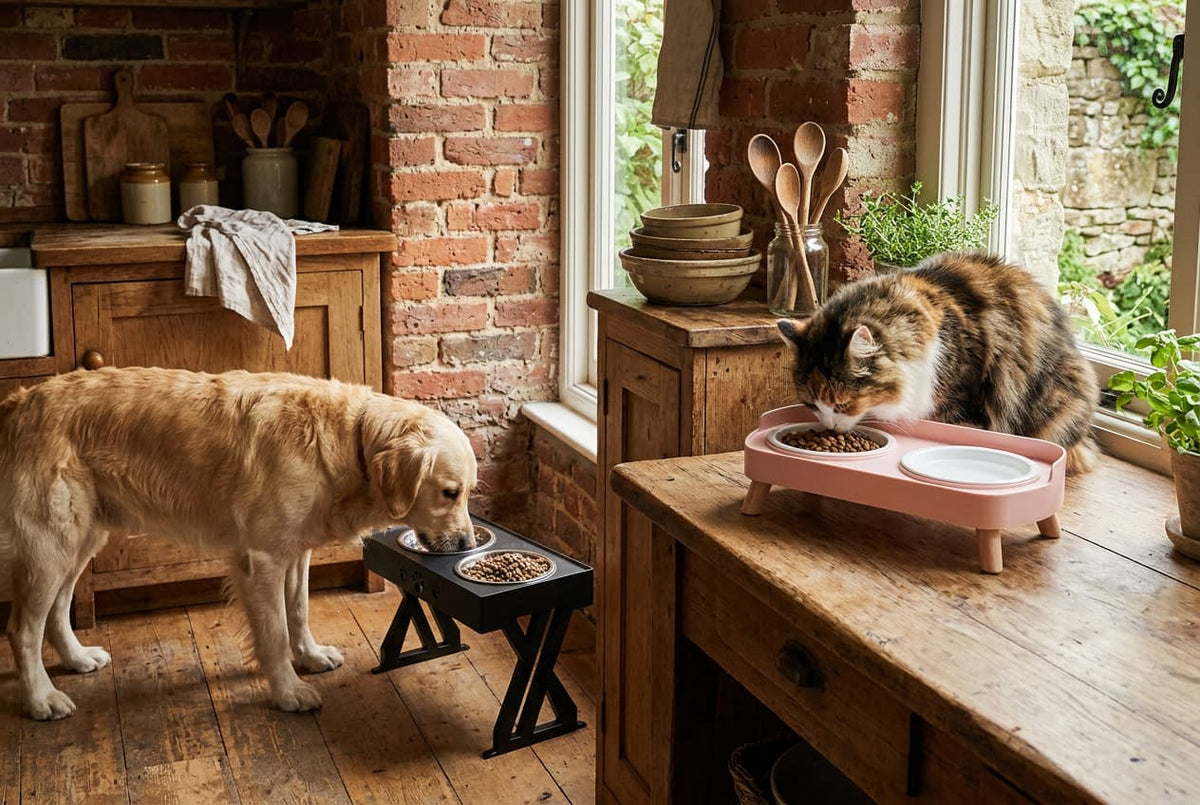 Golden retriever and cat eating from elevated pet feeding stations in a British farmhouse kitchen