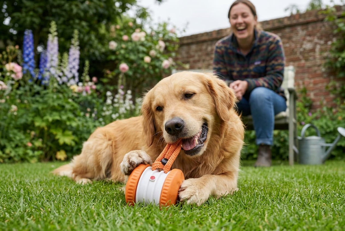 Golden retriever playing with an interactive dog toy in a British garden