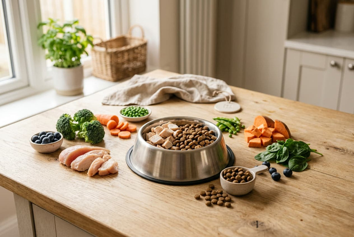 Healthy dog food spread with fresh vegetables, cooked chicken and dry kibble in a stainless steel bowl, dog nutrition guide by Urban Pet Shop