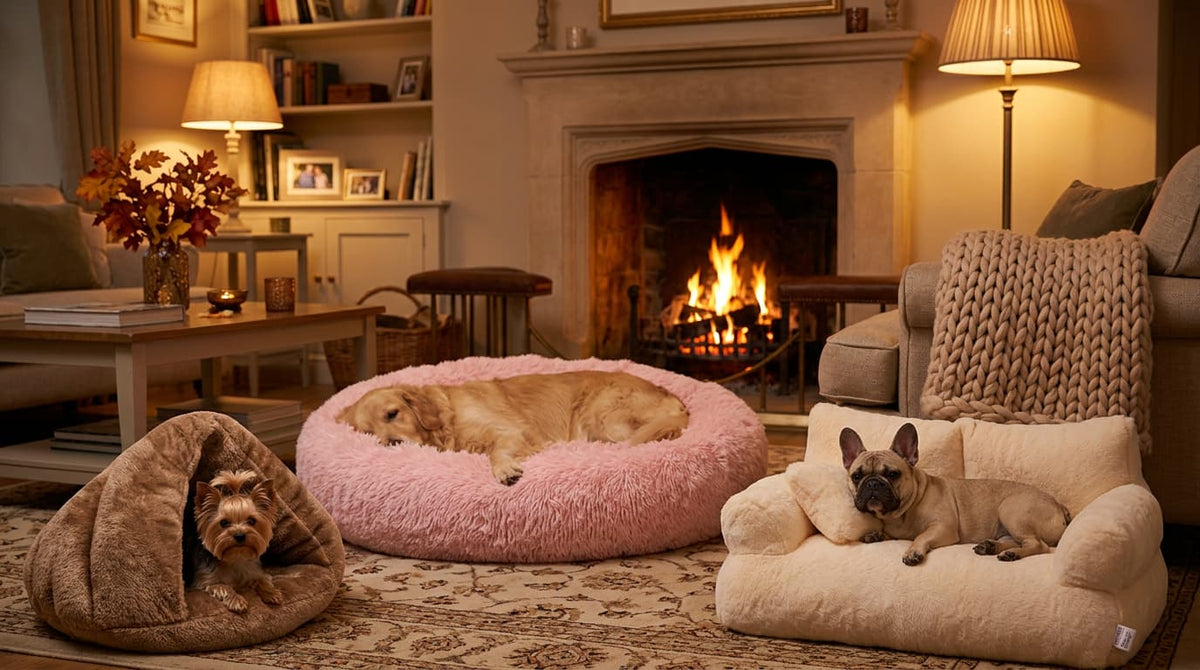 Three dogs relaxing in different dog beds, including a cave bed, plush round bed and pet sofa, in a cosy living room