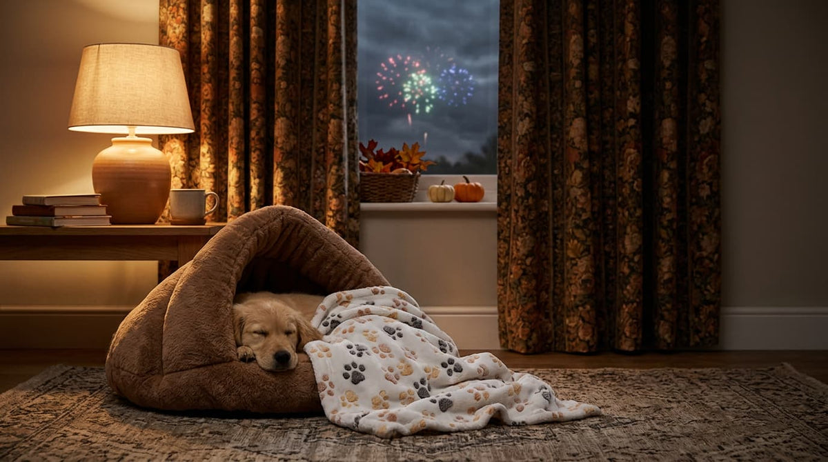 Golden retriever sleeping calmly in a cosy cave 