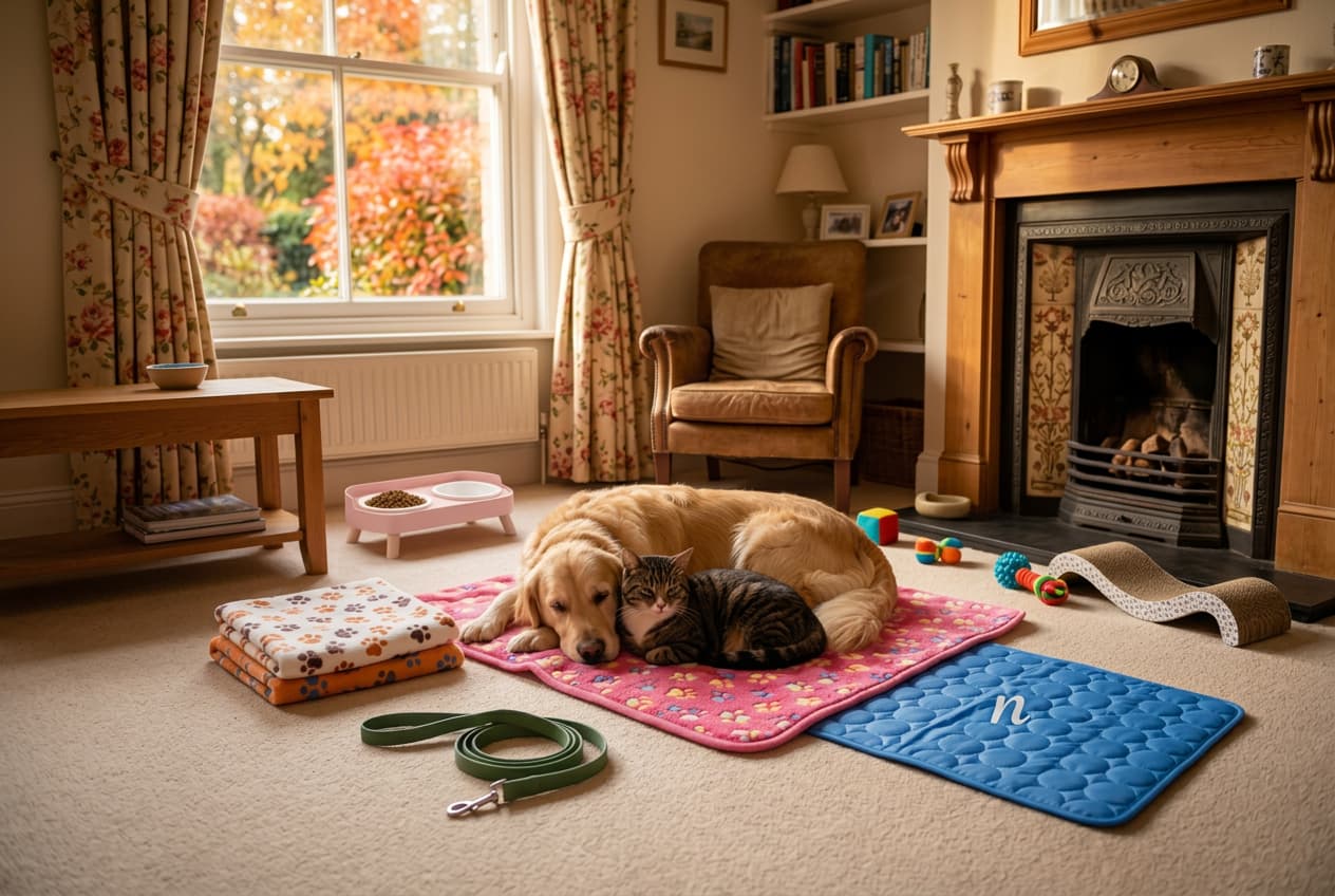 A golden retriever and tabby cat sitting together in a bright British home surrounded by Urban Pet Shop products, warm autumn light
