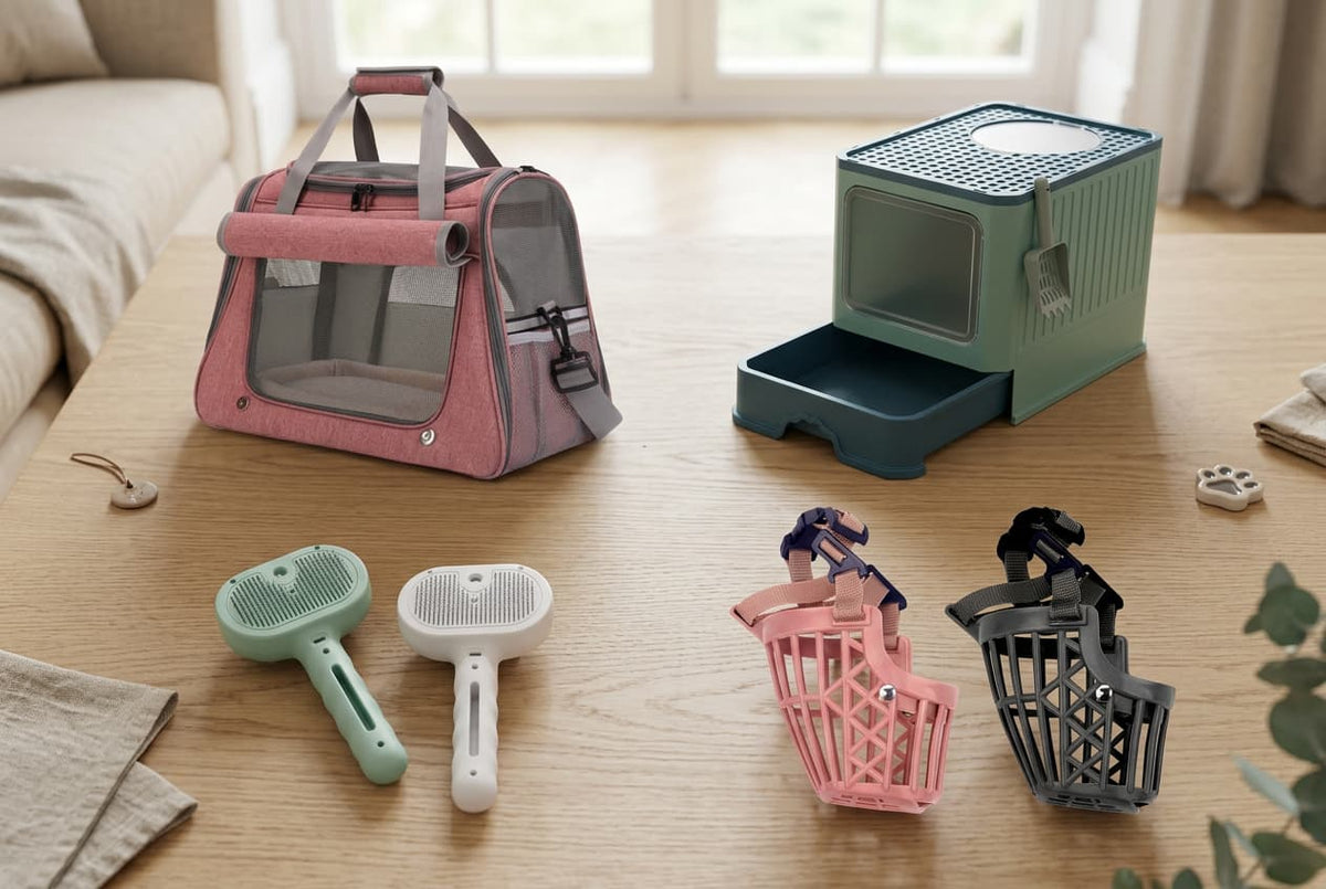New arrival pet products flatlay including pet carrier bag, cat litter box and grooming brush, new arrivals at Urban Pet Shop