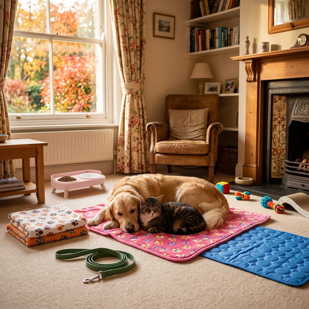 Golden retriever and tabby cat curled up together on a pink paw print fleece blanket in a cosy British sitting room, soft fleece pet blankets, cooling mat, dog lead and pet bowls styled around them, warm autumn light through the window, Urban Pet Shop