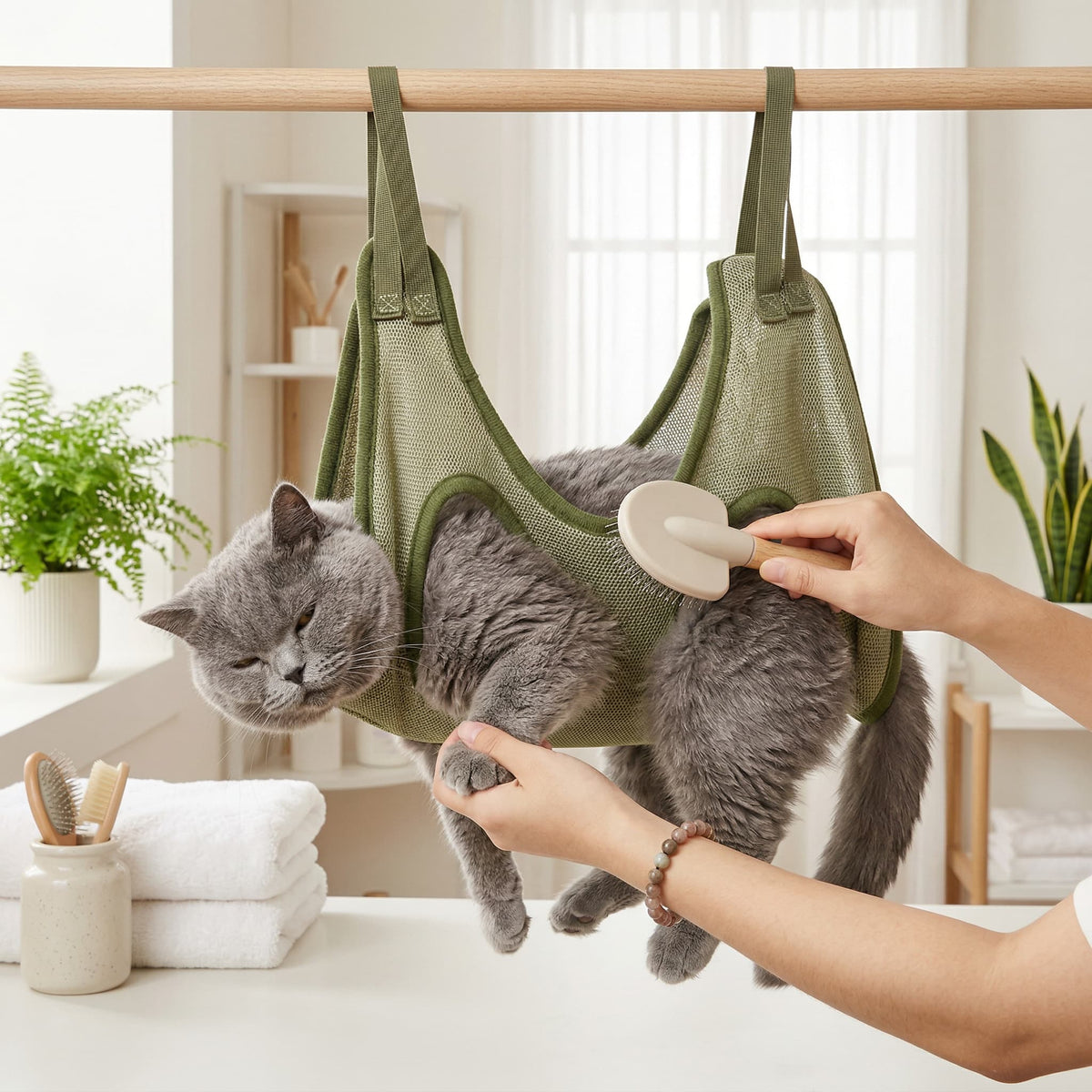 Cat being held in a green mesh hammock while being brushed by a person.