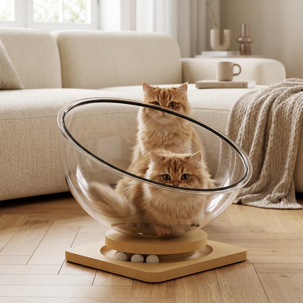 Clear acrylic bubble cat bed with two fluffy ginger cats lounging inside, natural wooden base, cosy neutral living room setting, Cat Play and Relaxation Oasis by Urban Pet Shop