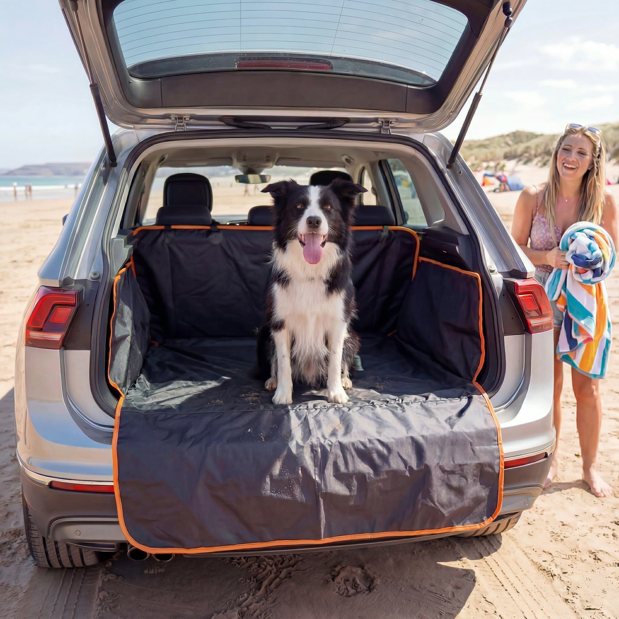 Dog sitting on a car's open trunk with a beach in the background