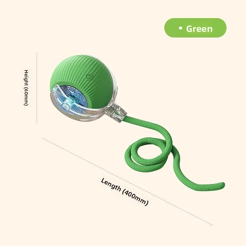 Green dog ball with rope with measurement details on a white background
