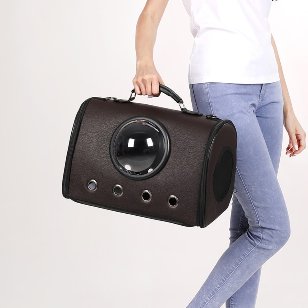 Person holding a brown pet carrier with a clear front panel on a white background