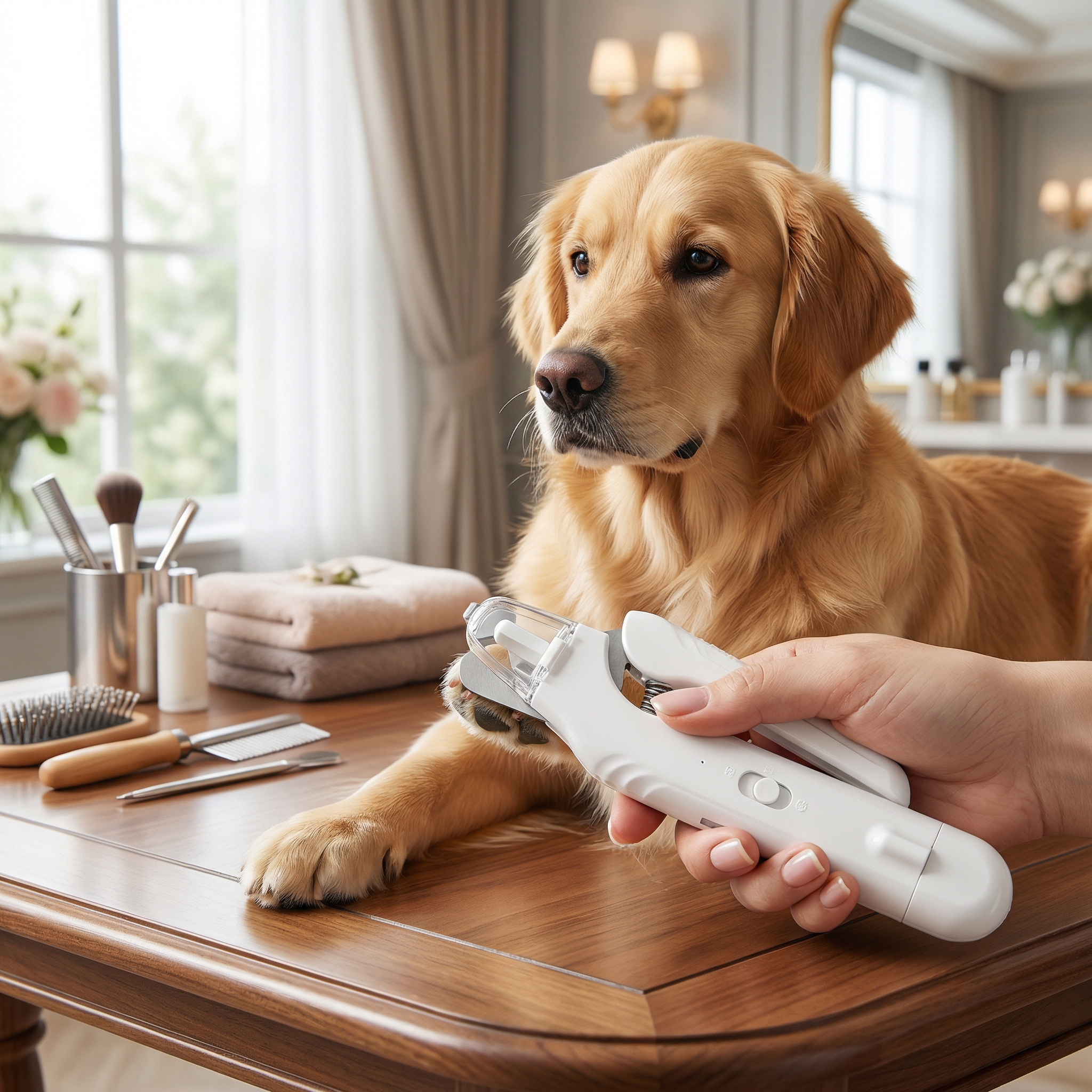Dog being groomed with a tool on a wooden table in a home setting