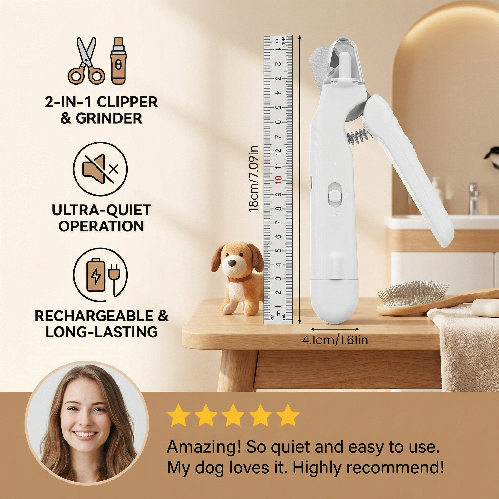 2-in-1 clipper and grinder with features listed on a beige background