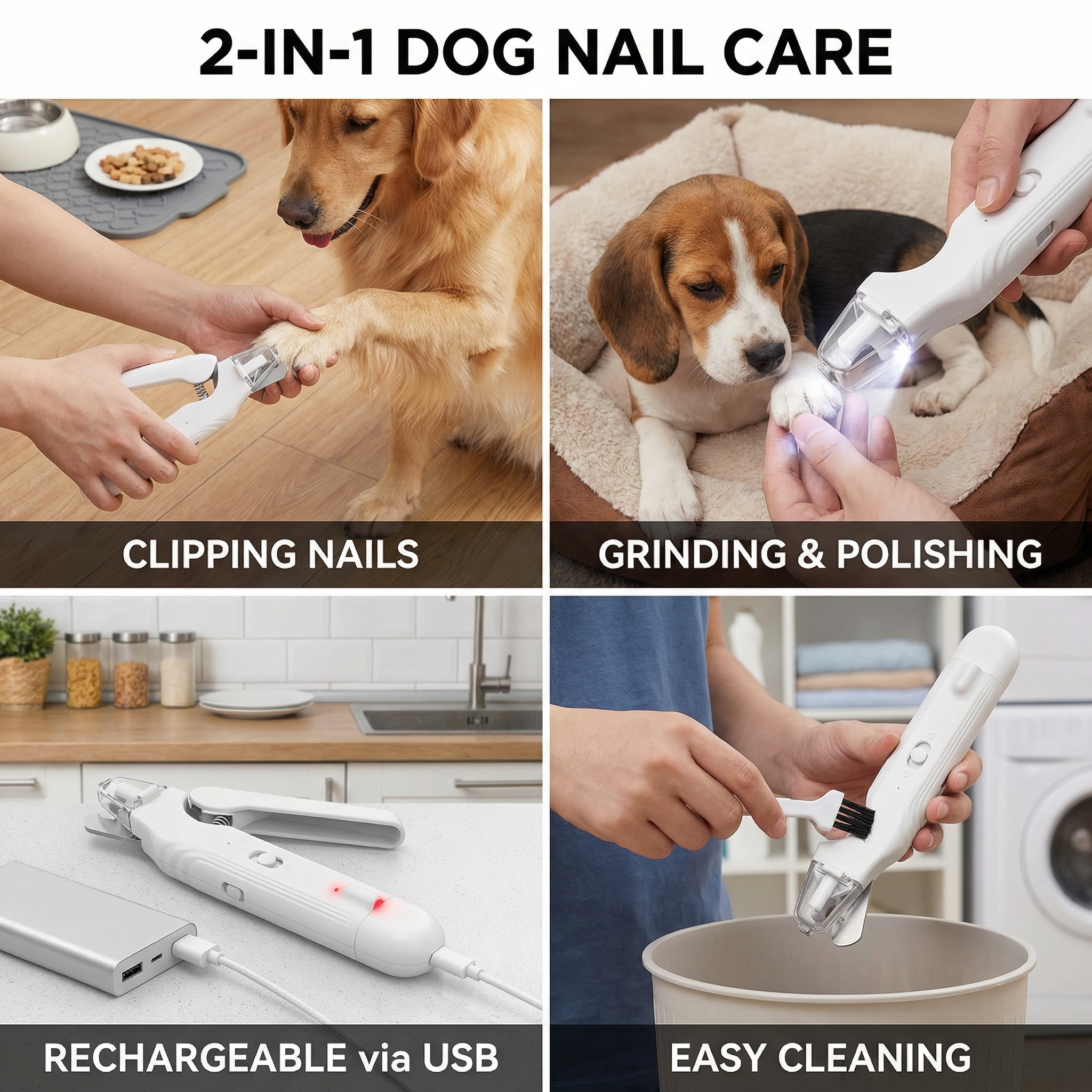 Dog nail care tool with images of use and features on a wooden surface.