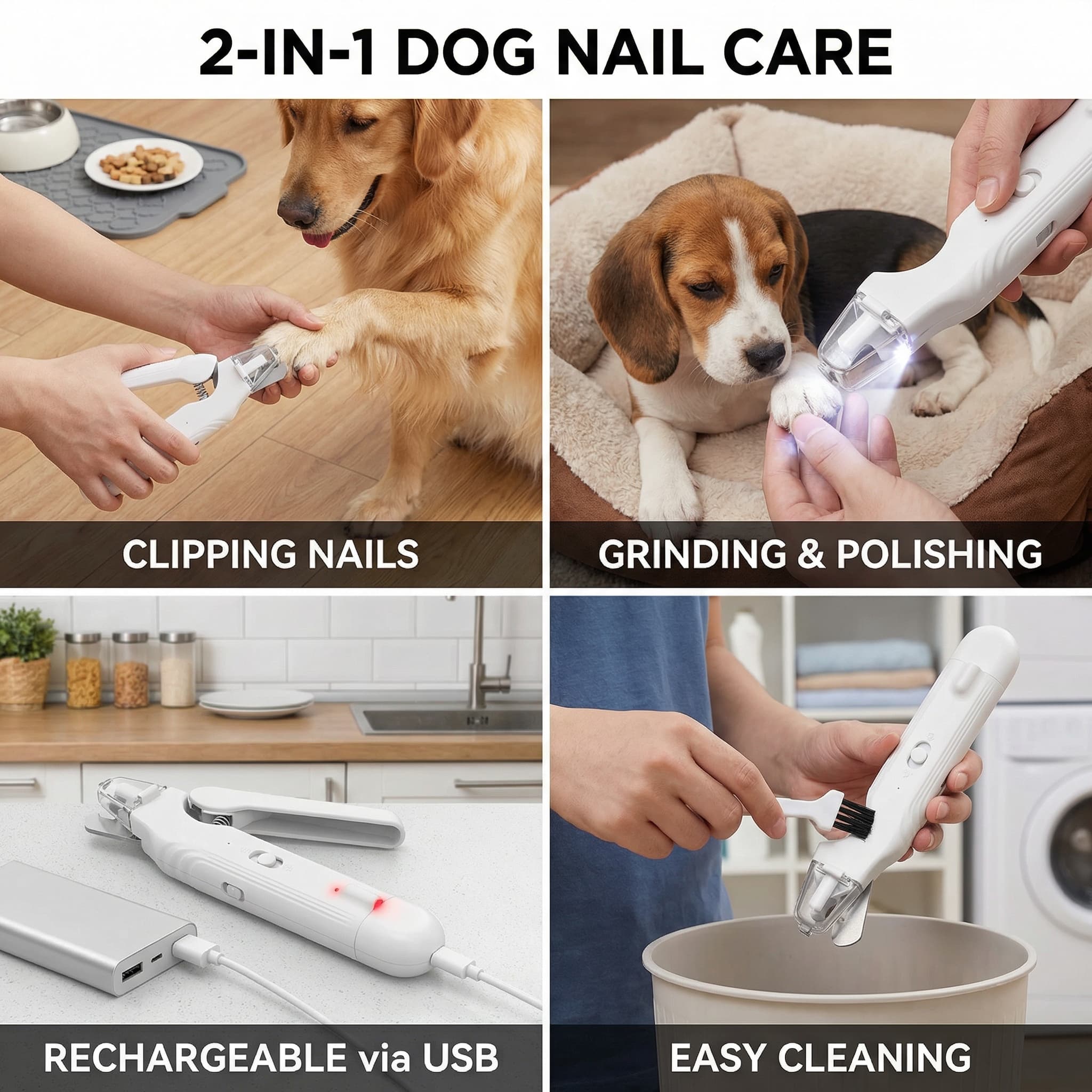 Dog nail care tool with images of a dog being clipped, ground, and polished, and text highlighting features.