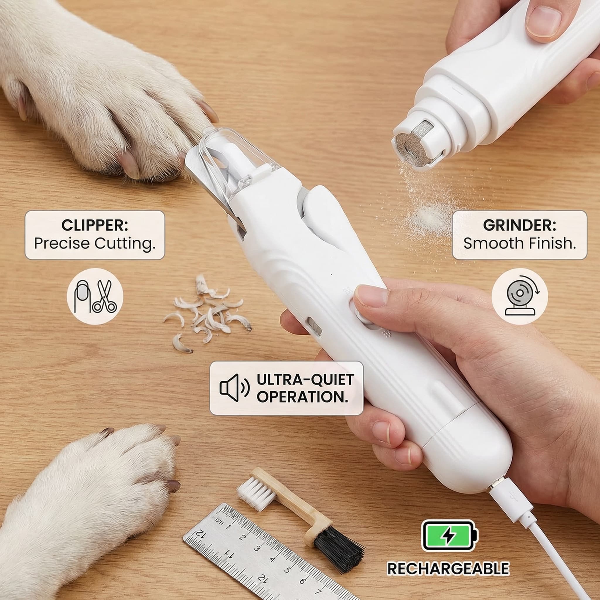 Pet grooming tool with text highlighting features on a wooden surface.