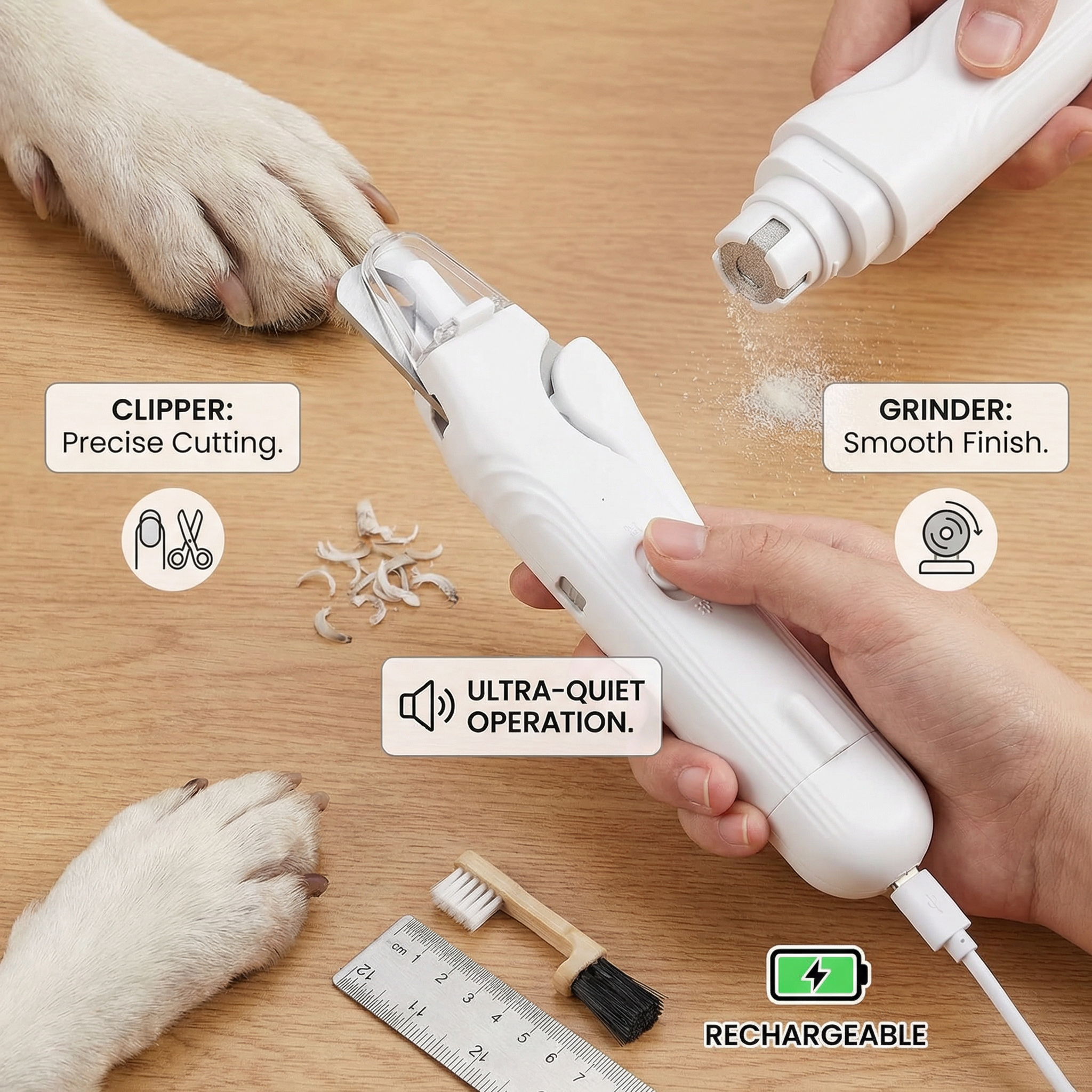 Pet grooming tool with text highlighting features on a wooden surface.