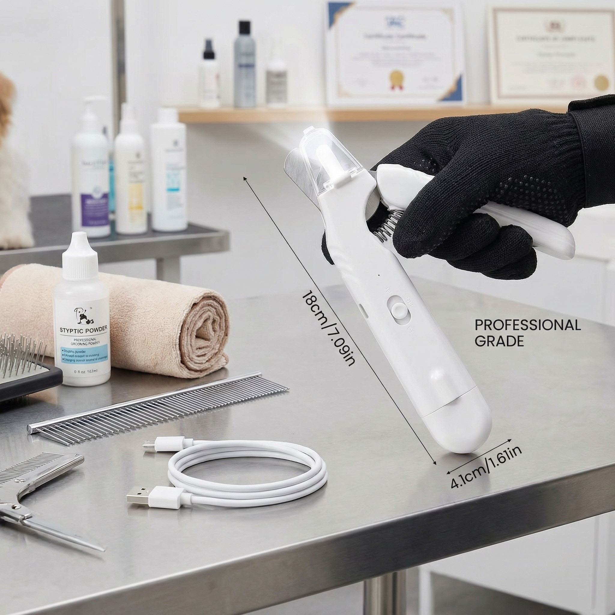 White grooming tool with black glove on a table with measurement details