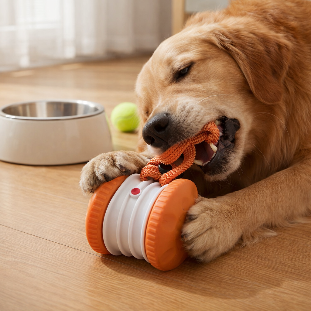 Dog playing with a toy on a wooden floor next to a bowl and tennis ball.
