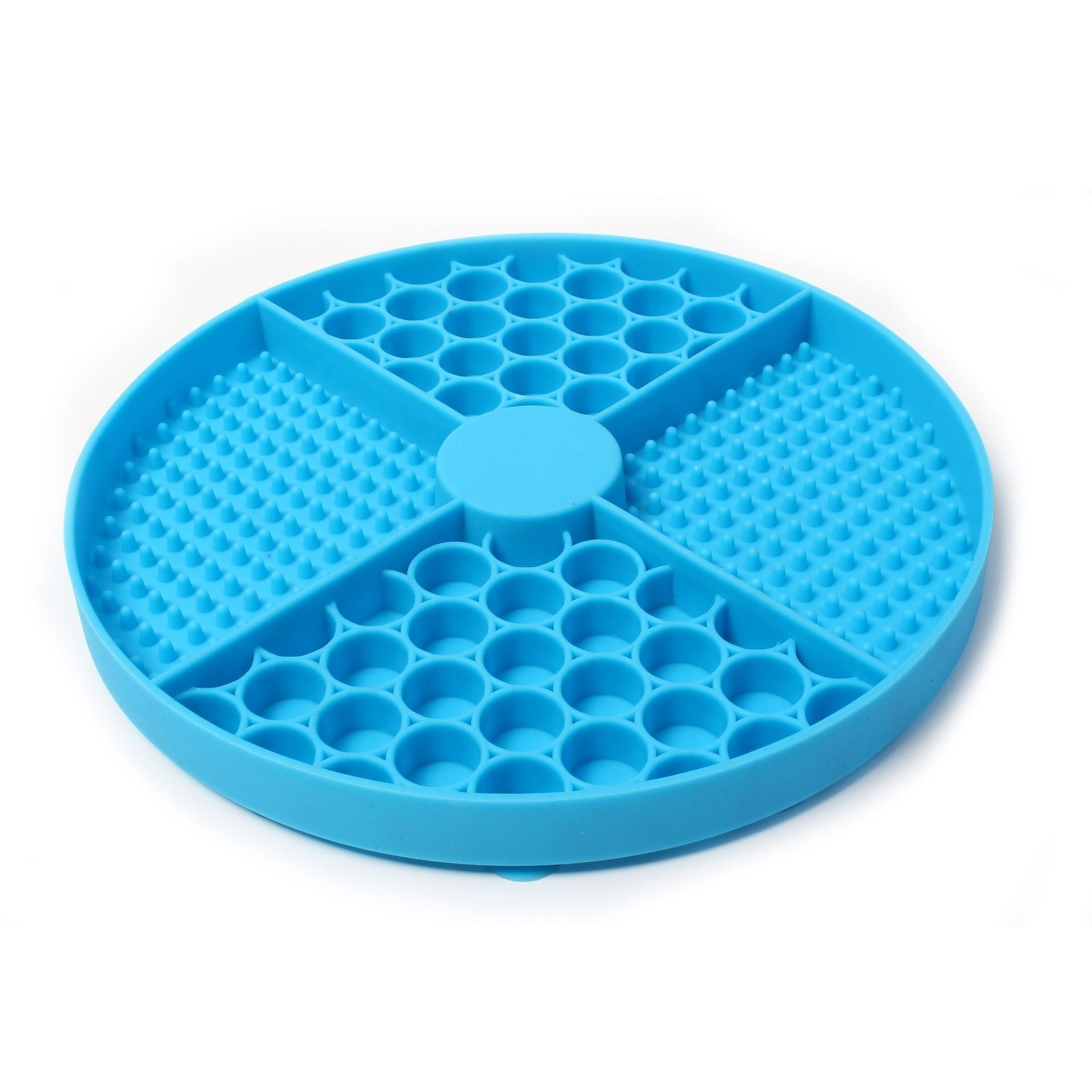 Blue round puzzle toy with multiple sections on a white background