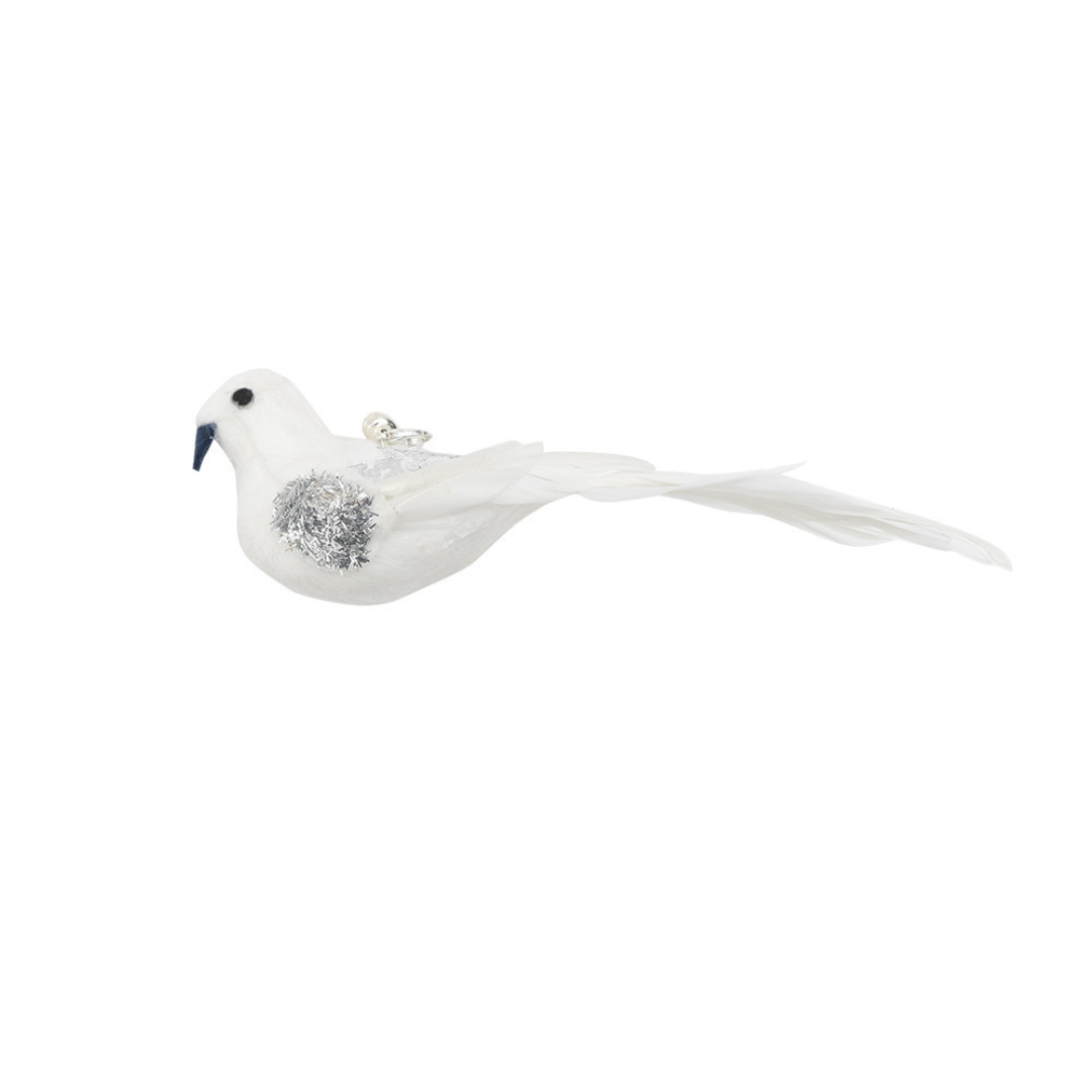 White decorative bird with a silver glittery chest on a white background