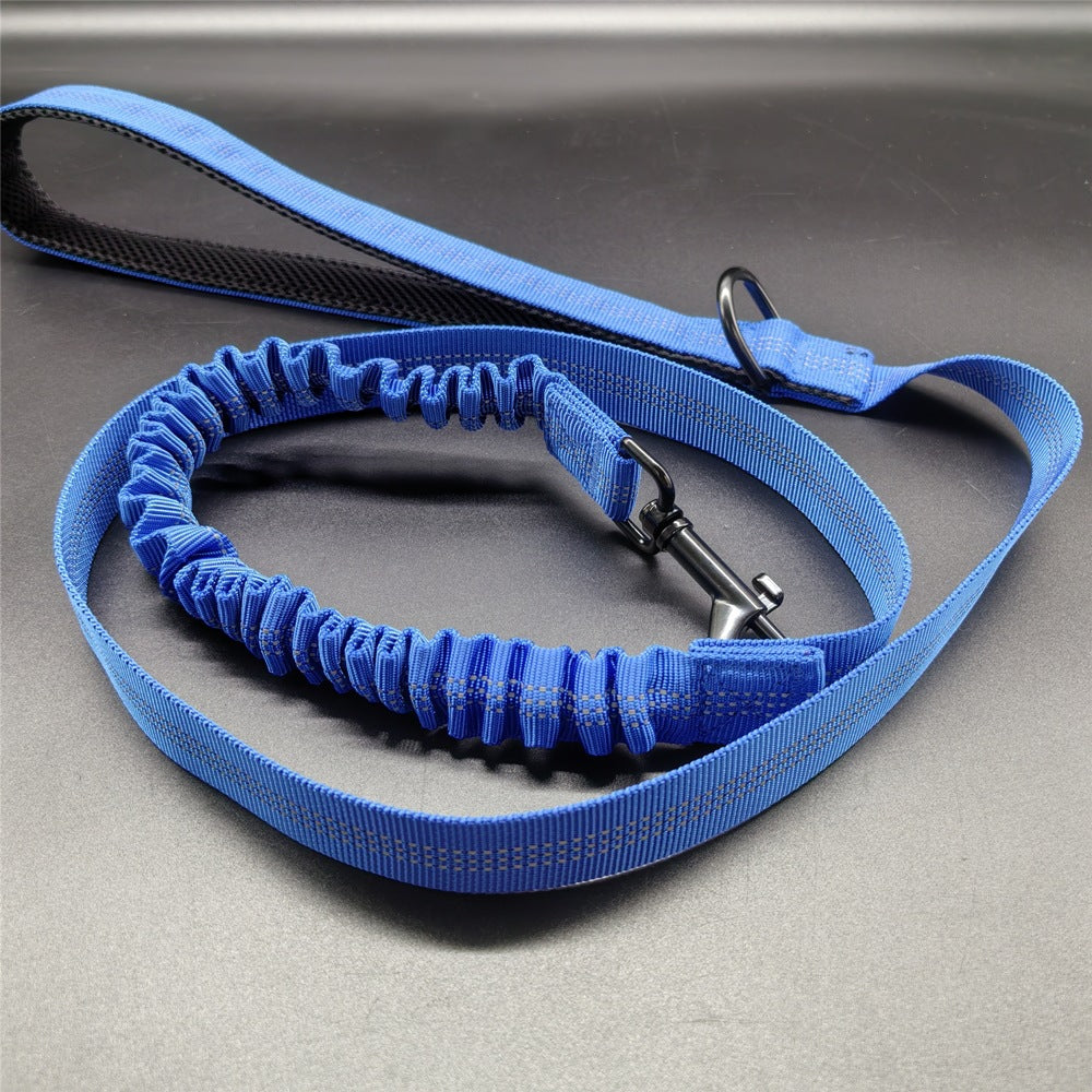 Blue dog leash with a metal clip on a gray surface