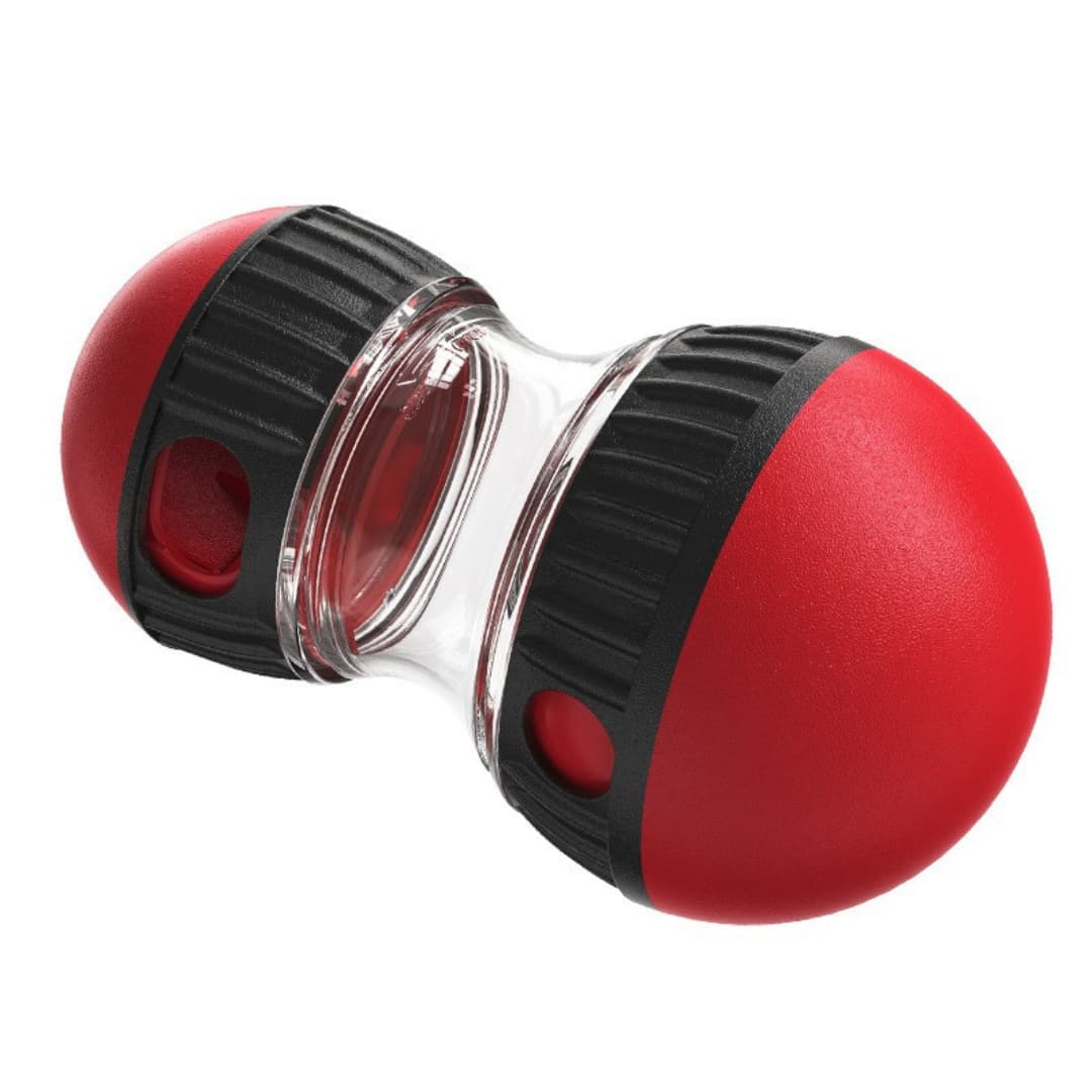 Red and black kitchen dog toy with a clear centre on a white background