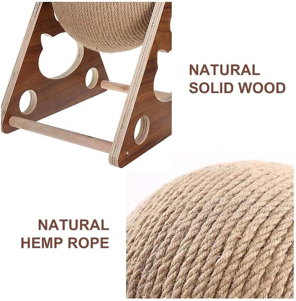 Wooden cat toy with natural hemp rope, labeled 'Natural Solid Wood' and 'Natural Hemp Rope'.