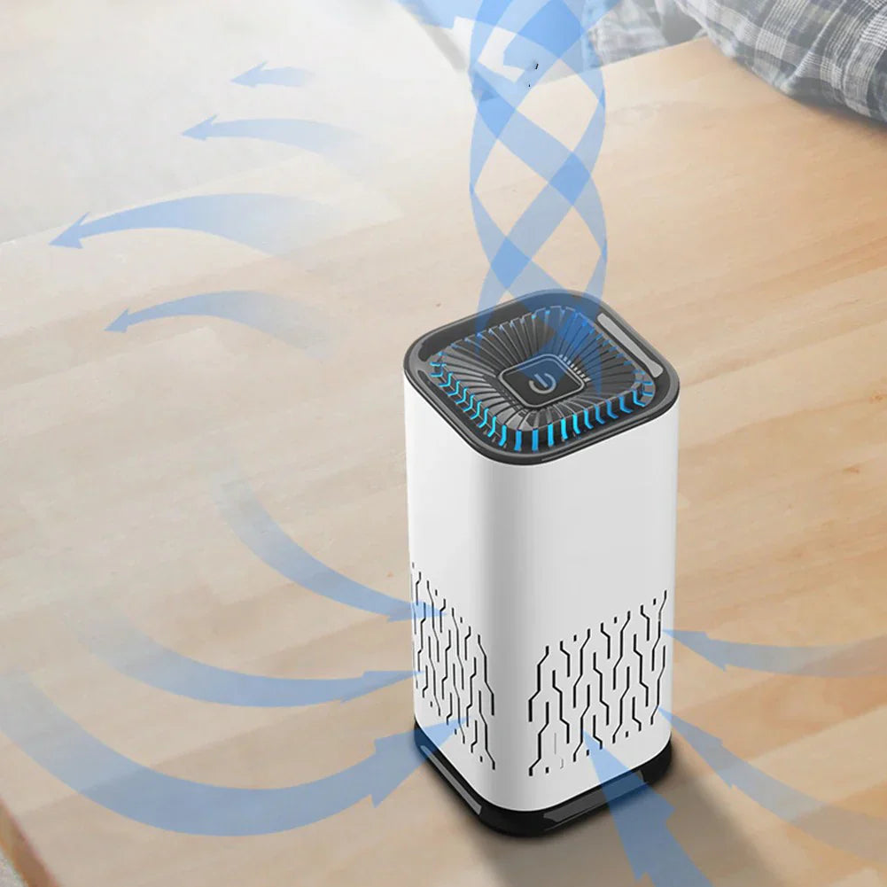 Air purifier on a wooden surface with blue airflow graphics