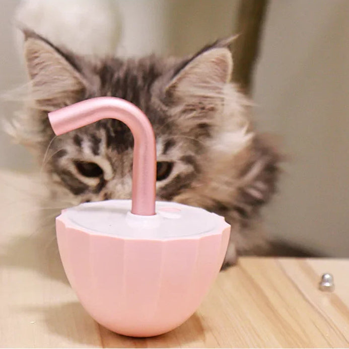 Cat interacting with a pink pet water fountain on a wooden surface.