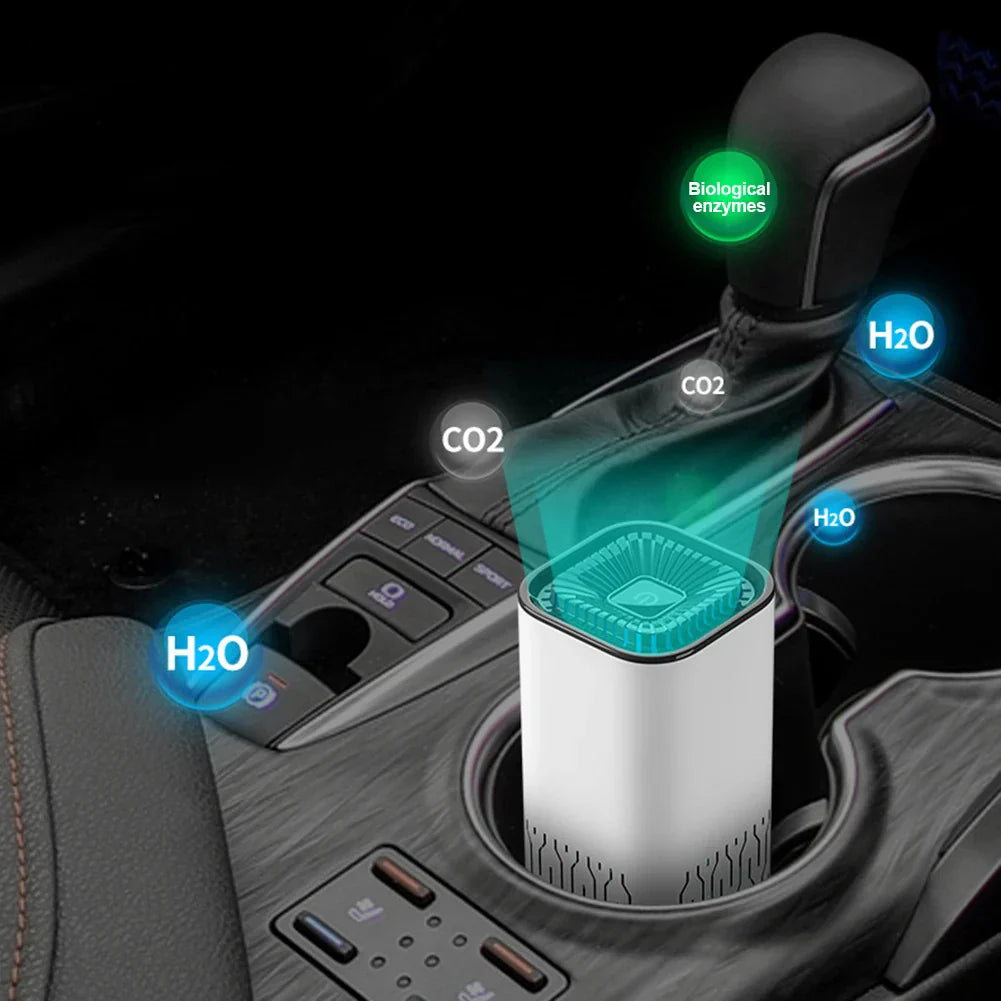Car cup holder with a biological enzyme filter, showing CO2 conversion to H2O.