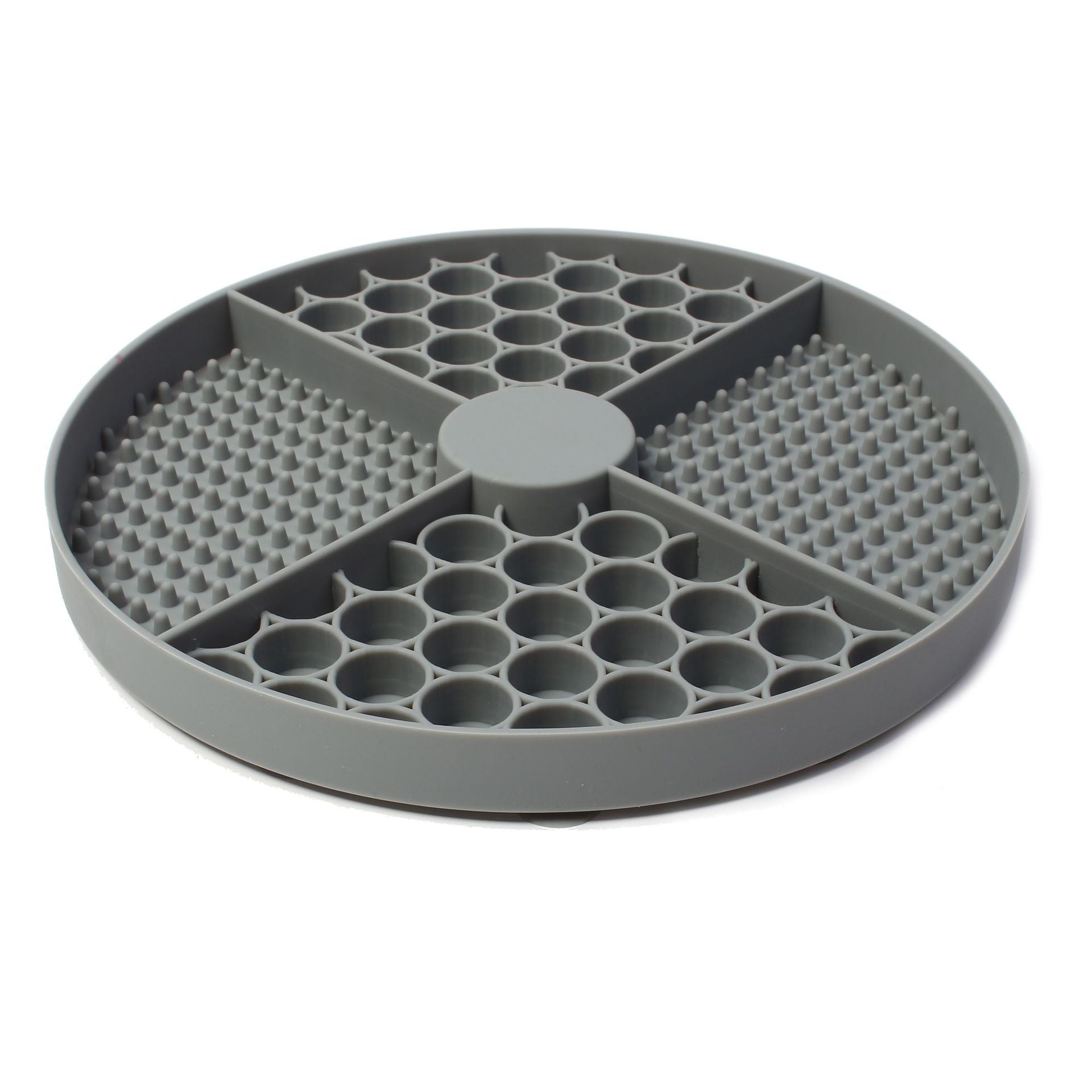 Gray round pet toy with multiple compartments on a white background