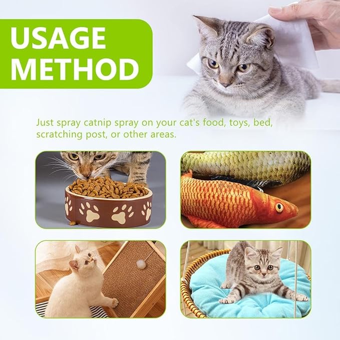 Usage method of catnip spray with images of cats interacting with their environment.