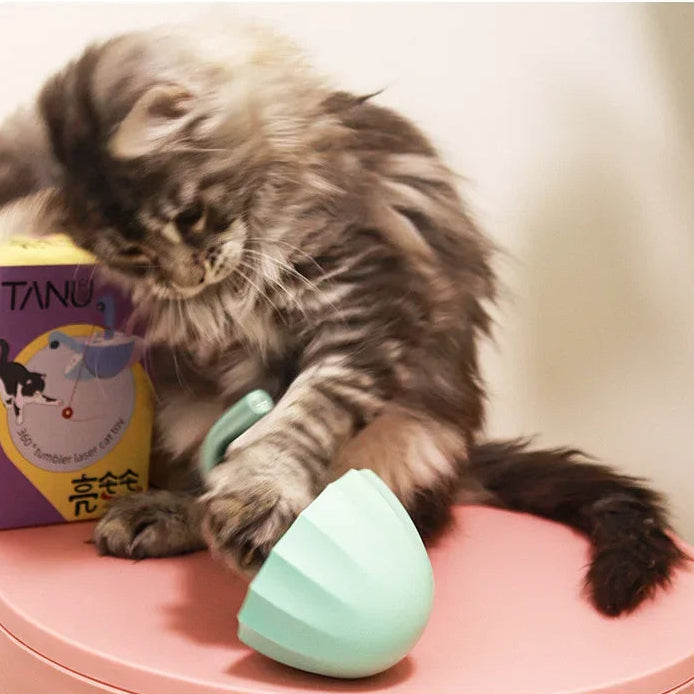 Cat playing with a green toy on a pink surface next to a TANU product box.