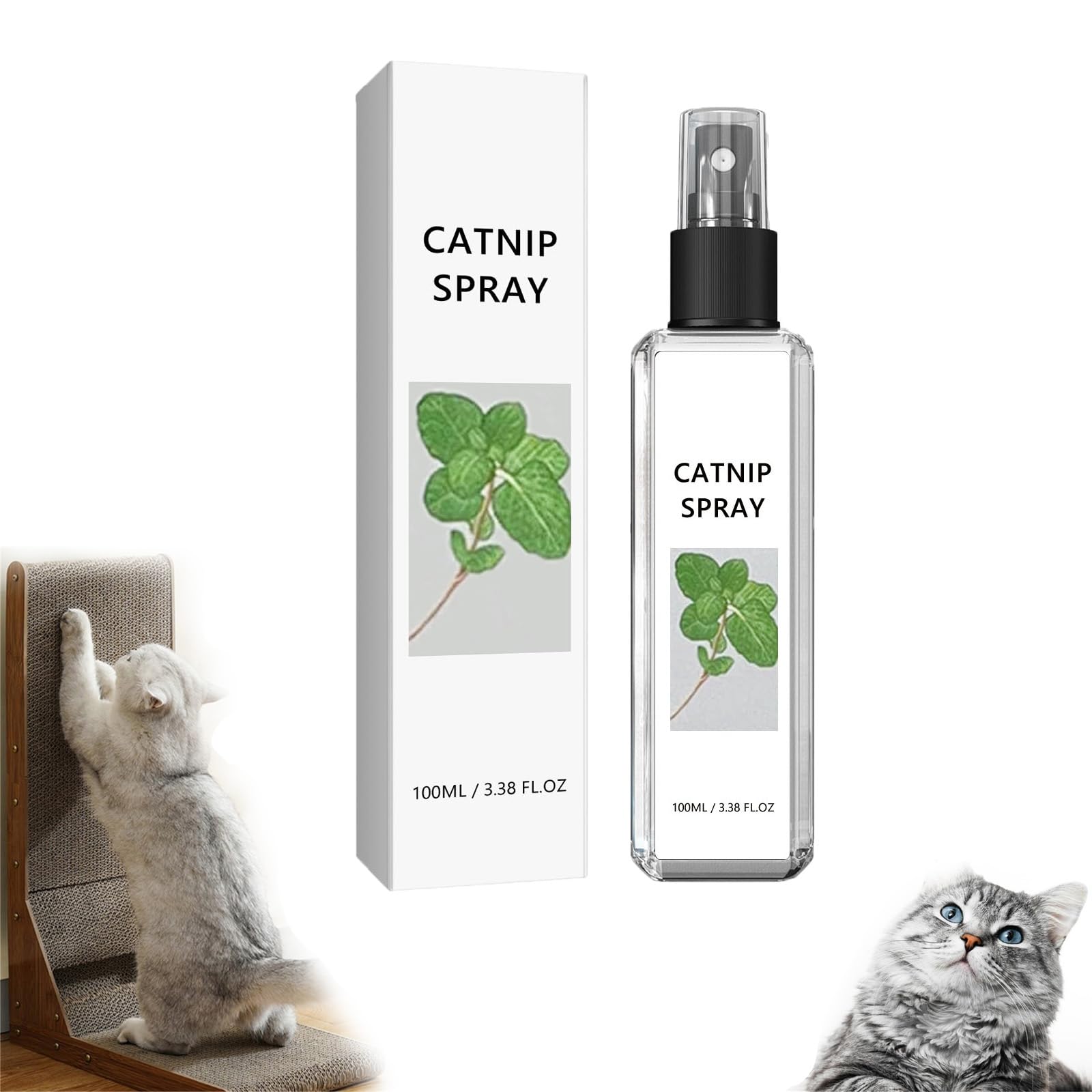 Catnip spray bottle and packaging with a cat interacting with a scratching post.