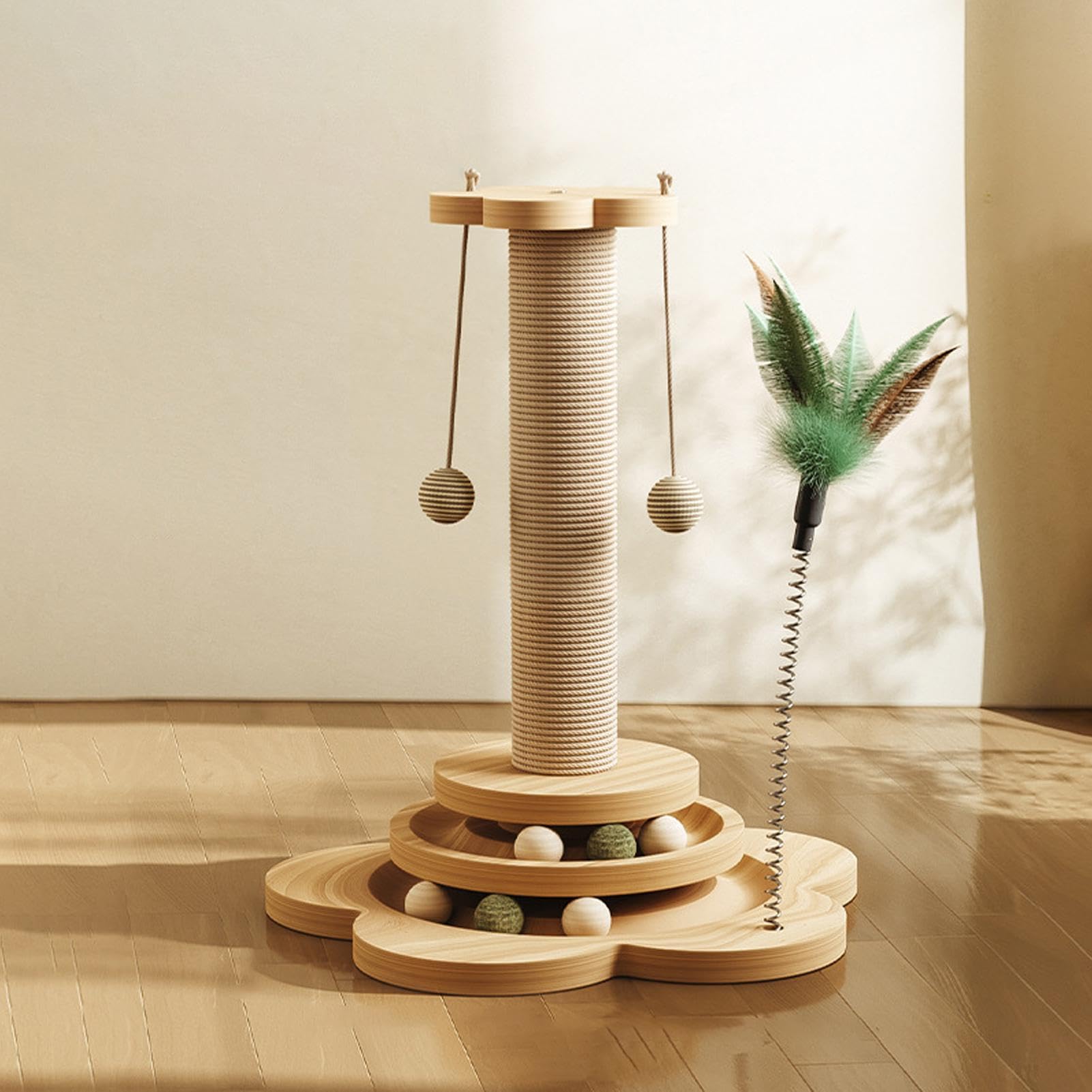 Wooden cat toy with various elements on a neutral background