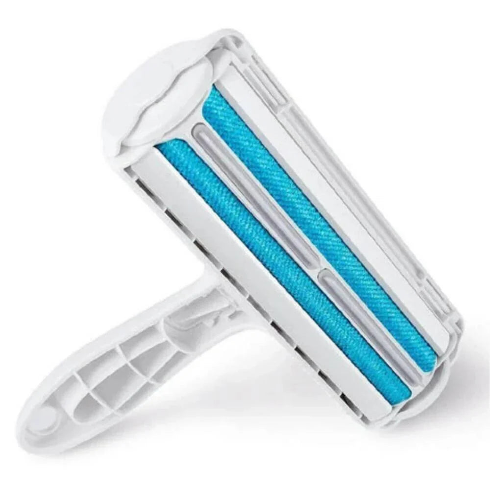 Pet hair removal tool with blue roller on a white background